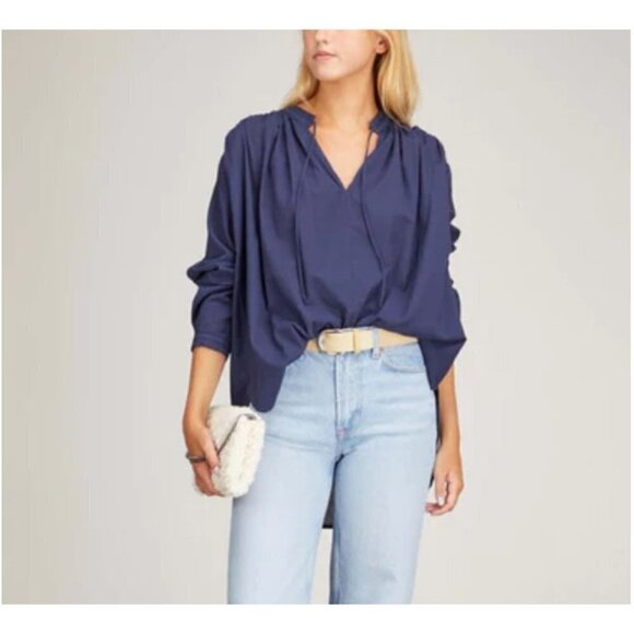 Xirena Ameli Keyhole Tie Neck Long Sleeve Hi-Low Blouse Navy Blue M - Picture 1 of 8